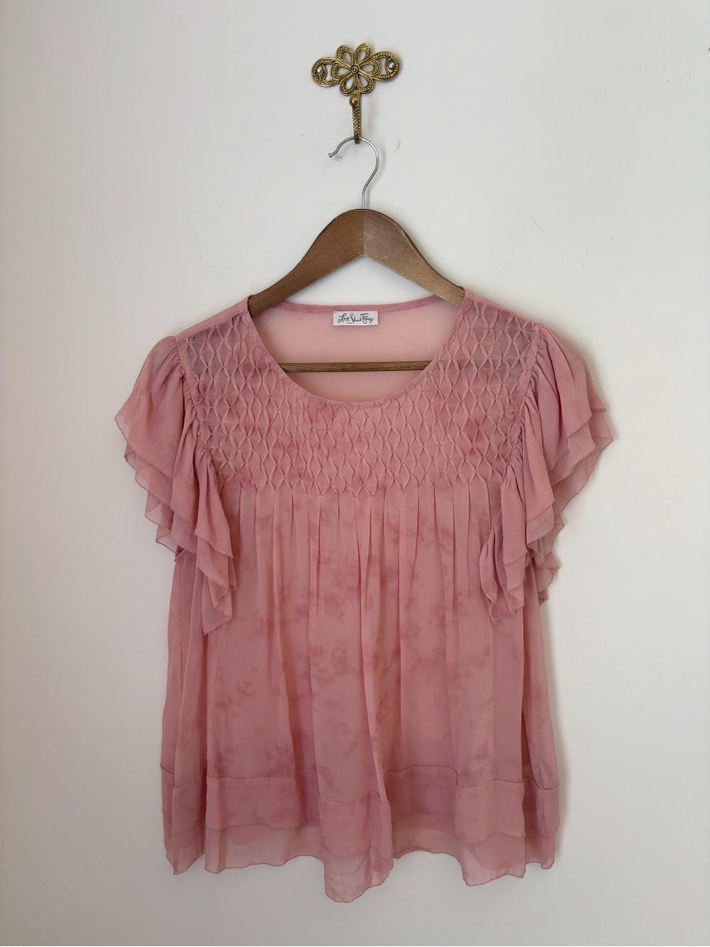 LoveShackFancy Pink Flutter Sleeve Smocked Blouse Small